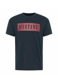 Navy blue cotton t-shirt featuring a large red rectangular "MUSTANG" logo across the chest. Short sleeves and crew neckline.