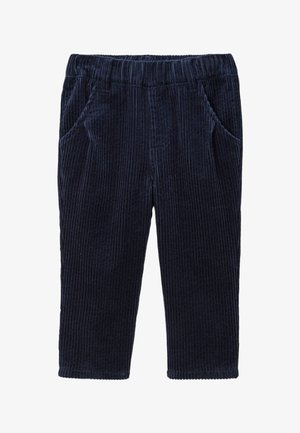 Pantalons en velours côtelé bleu marine avec texture à côtes verticales, taille élastique et deux poches latérales. Design à jambe droite sans fermetures visibles.