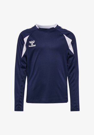 Granatowy sportowy długi rękaw z białymi akcentami na ramionach i logo Hummel na lewej piersi.