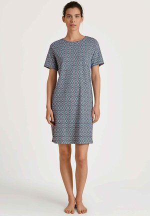 Short-sleeve dress in blue with a geometric pattern. Made of soft fabric, features a round neckline and knee-length cut.