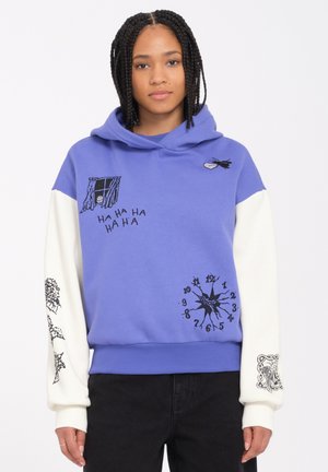 Hooded sweatshirt in purple and white, featuring black graphic prints, including a window, clock, and stylized accents on sleeves.
