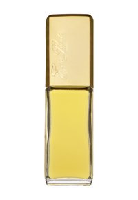 Bouteille de parfum en verre jaune, de forme rectangulaire, dotée d'un couvercle en or gravé du nom de la marque. La base transparente met en valeur le liquide à l'intérieur.
