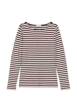 Langarm gestreept shirt met afwisselend donkerbruine en witte strepen, een brede ronde halslijn en zachte, lichte stof.