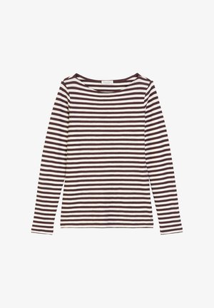 Top de manga larga a rayas con rayas alternas en marrón oscuro y blanco, un escote amplio en forma de scoop y tejido suave y ligero.