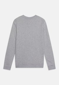 Sweatshirt gris avec un col rond, des manches longues et des poignets côtelés. Fabriqué en matériau doux, avec une texture lisse et un design minimaliste.
