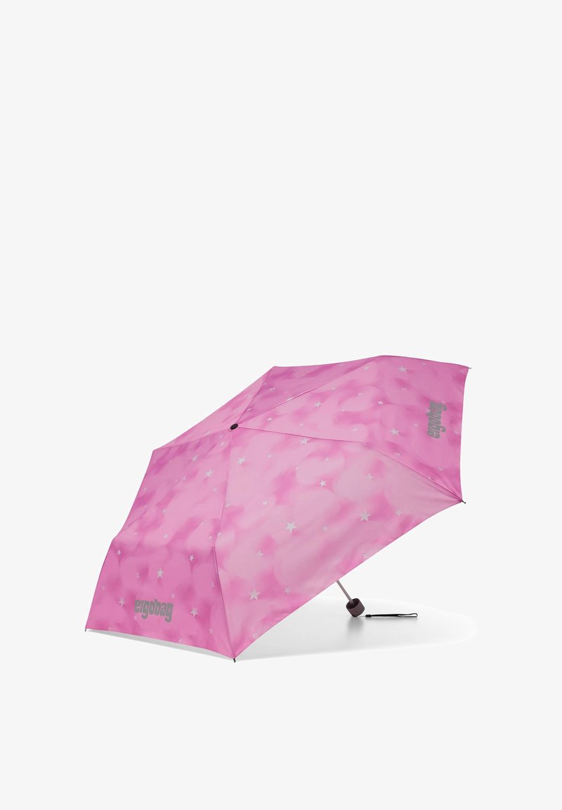 Pink umbrella with a cloud pattern, scattered silver stars, and a black handle. Features the brand name "ergobag" printed in gray.