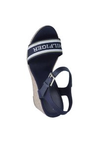 Sandalia cuña de color azul marino con suela de corcho, que presenta una amplia tira de tela con el nombre de la marca y una delgada correa en el tobillo con un hebilla de metal.