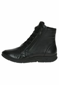 Bottes basses en cuir noir avec fermeture éclair et lacets, bout arrondi, semelle rembourrée et panneaux latéraux texturés pour plus de détails.