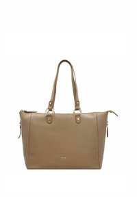 Bolso tote de piel beige con dos asas superiores, detalles en hardware dorado y un bolsillo exterior con cremallera. Textura suave y forma estructurada.