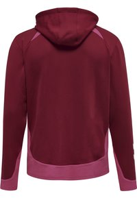 Burgundy hoodie med en tvåfärgad design; har rosa detaljer på ärmarna och nederkanten. Strukturerad tyg med dragsko på huva.
