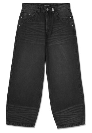 Mustad denim kriitidega teksad kõrge vöökoht, viis taskut, peened kulumismärgid ja tooni õmblused. Hõbedased detailid on lisatud.