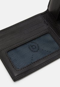 Black leather wallet interior features card slots and a transparent window with blue fabric behind it, displaying a subtle pattern.