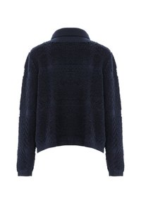 Navyfarbener, strukturierter Pullover mit einem gerippten Kragen und Bündchen, der eine kastige Form und ein weiches, plüschiges Material für hohen Komfort bietet.