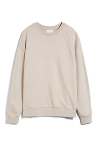 Felpa beige con scollo rotondo, spalle scese e polsini e orlo a coste. Realizzata in un tessuto morbido, presenta una texture liscia.
