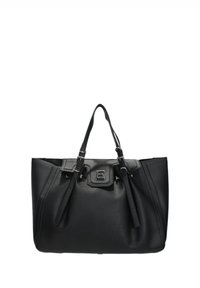 Borsa a tracolla in pelle nera con due manici superiori, superficie testurizzata, forma rettangolare e pattina anteriore con accentuazione di logo metallico.