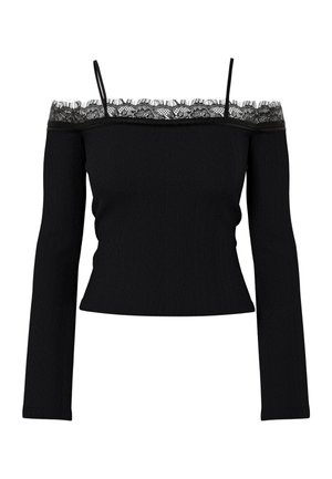 Sort off-shoulder langærmet top med tynde skulderstropper og blondedetalje langs udskæringen.