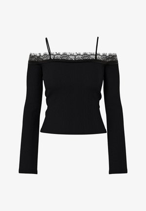 Sort off-shoulder langærmet top med tynde skulderstropper og blondedetalje langs udskæringen.