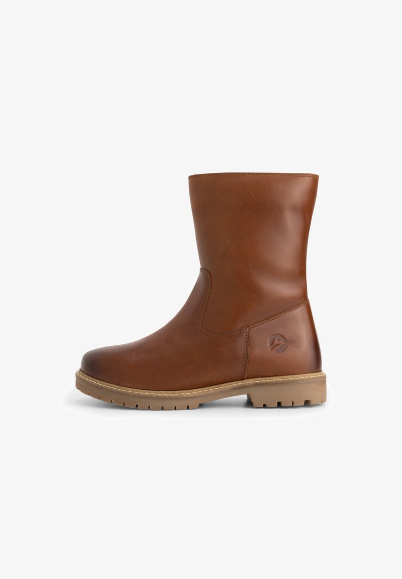Brown mid-calf leather boot with flat rubber sole, round toe, subtle logo near heel, and minimal stitching details.