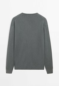 Grauer Strickpullover mit ribbeliger Textur, langen Ärmeln und Rundhalsausschnitt, sowie einem nahtlosen Rückendesign.