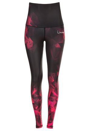 High-waisted leggings made of black fabric with a geometric red and pink pattern, featuring a smooth texture and a discreet logo.