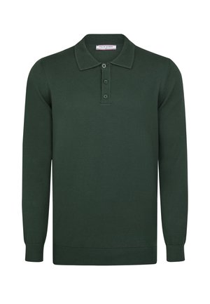 Grüner langärmeliger Polopullover aus weichem Strick mit klassischem Kragen, Knopfleiste mit drei Knöpfen und gerippten Bündchen und Saum.
