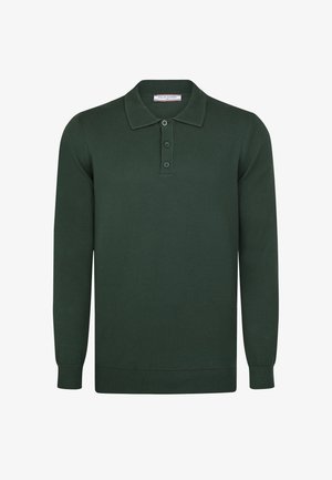 Zelený dlouhý rukáv polo svetr z měkkého úpletu s klasickým límcem, zapínáním na tři knoflíky a žebrovanými manžetami a spodním lemem.