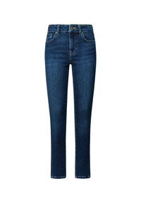 Jeans de mezclilla en azul oscuro con corte ajustado. Cuenta con cierre frontal de botones, presillas para cinturón y diseño tradicional de cinco bolsillos.