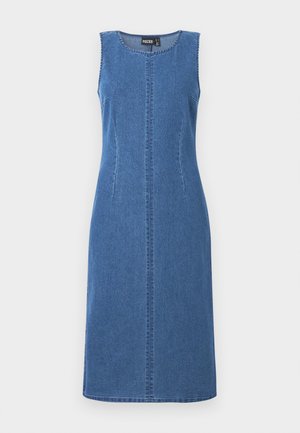 Abito senza maniche in denim, blu scuro con scollatura rotonda, featuring una cucitura centrale e due cuciture laterali per una silhouette aderente.