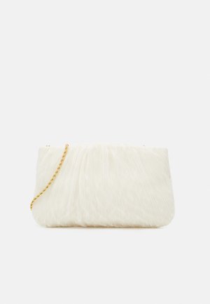 White textured clutch bag with a gathered design, featuring a gold chain strap. Smooth finish with subtle waves and rounded edges.