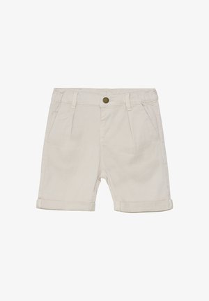 Jasno beżowe bawełniane szorty z podwiniętym dołem, plisami z przodu i zapięciem na guzik z przodu. Posiadają szlufki na pasek oraz dwie boczne kieszenie.