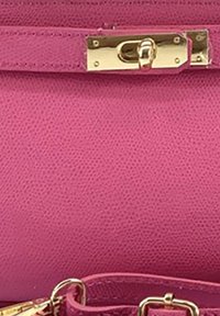 Roze leren handtas met een gestructureerd oppervlak. Voorzien van een gouden sluiting en een bijpassende schouderband. Het ontwerp benadrukt eenvoud en functionaliteit.