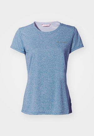 Blaues T-Shirt mit kurzen Ärmeln aus leichtem Stoff mit meliertem Muster. Verfügt über einen runden Ausschnitt und ein dezentes Logo-Detail auf der Brust.