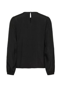 Zwarte blouse met lange mouwen, details met een sleutelgat aan de achterkant, zachte stof, iets losse pasvorm en gathered manchetten. Geen opmerkelijke patronen of accenten.