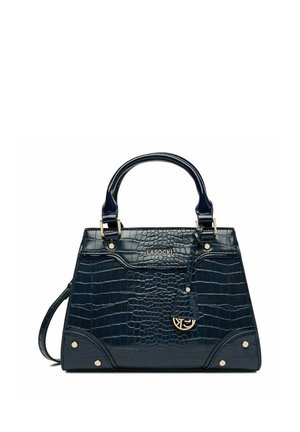 Bolso de mano azul oscuro con estampado de cocodrilo, asas dobles, herrajes dorados, etiqueta decorativa y el nombre de la marca LASOCKI en el frente.