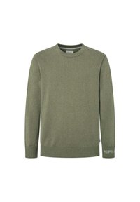 Grüner Strickpullover mit rundem Halsausschnitt, langen Ärmeln, gerippten Bündchen und Saum, mit einem kleinen Logodetail am Ärmel.