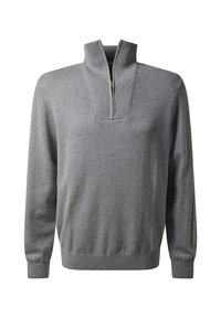 Grauer Pullover mit halbem Reißverschluss, geripptem Kragen und Bündchen. Hergestellt aus weichem, strukturiertem Stoff und mit klassischer Passform.