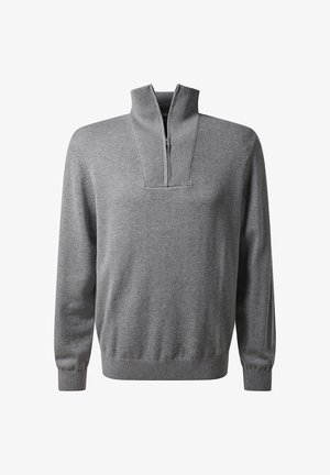 Grauer Pullover mit halbem Reißverschluss, geripptem Kragen und Bündchen. Hergestellt aus weichem, strukturiertem Stoff und mit klassischer Passform.