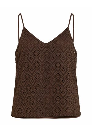 Brun hækle top med justerbare tynde stropper og diamantformede blomsterprints, designet til afslappet sommertøj.