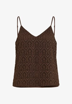 Brun hækle top med justerbare tynde stropper og diamantformede blomsterprints, designet til afslappet sommertøj.