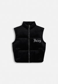 Черно безръкаво пухено яке с преден цип и надпис "Juicy" на бели кристали отляво на гърдите.