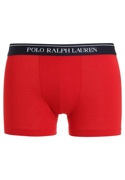 Rode katoenen boxershorts met een marineblauwe tailleband voorzien van de tekst "POLO RALPH LAUREN" in het wit. Glad oppervlak, aansluitend ontwerp.