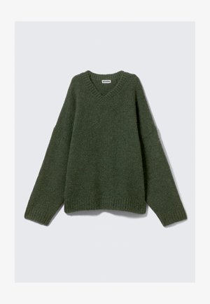 Green knitted sweater with a V-neck, oversized fit, and ribbed cuffs. Soft texture and minimalistic design for comfort and versatility.