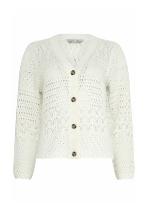 Witte gebreide cardigan met gestructureerde chevron- en stippenpatronen, vier bruine knopen en een gegolfde zoom en manchetten.