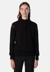 Maglione nero a zip con colletto e polsini a coste. Presenta strisce rosse sui lati delle spalle. Tessuto morbido, design aderente e lunghezza all'anca.