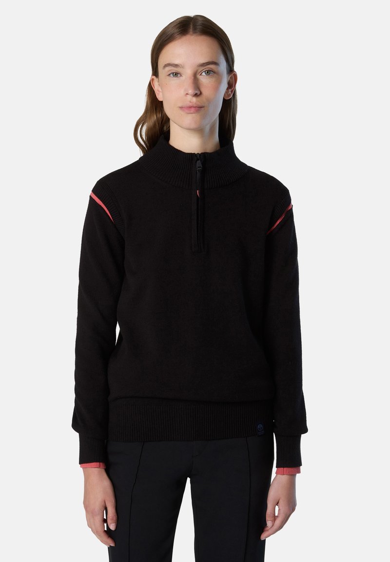 Maglione nero a zip con colletto e polsini a coste. Presenta strisce rosse sui lati delle spalle. Tessuto morbido, design aderente e lunghezza all'anca.