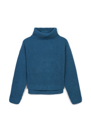 Dunkelblauer Strickpullover mit Rollkragen, verfügt über ein strukturiertes Muster, cropped Länge und weite Ärmel. Weiches Material, lockere Passform.