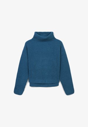Knit turtleneck sweater in dark blue, features a textured pattern, cropped length, and wide sleeves. Soft material, relaxed fit.