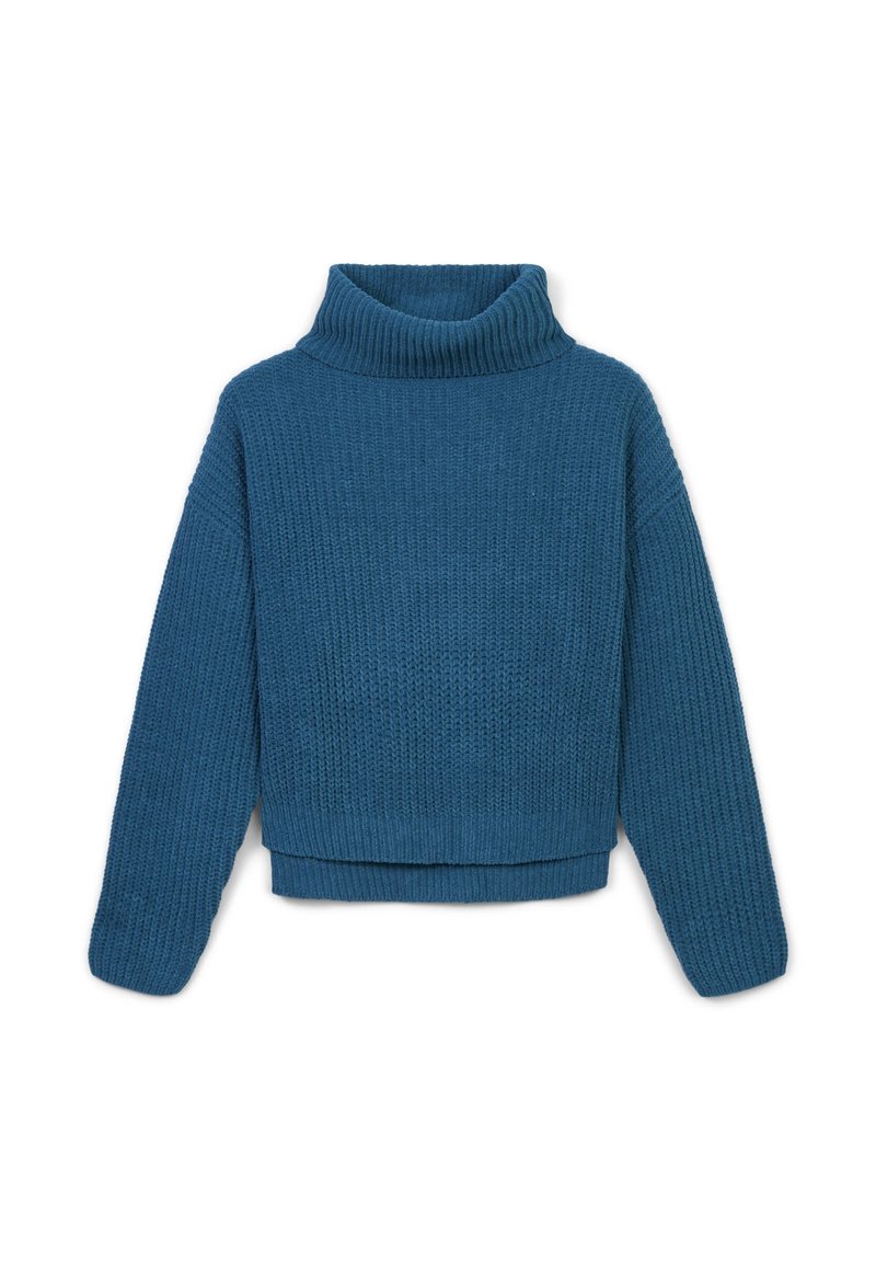 Maglione a collo alto in blu scuro, presenta un motivo testurizzato, lunghezza cropped e maniche ampie. Materiale morbido, vestibilità rilassata.