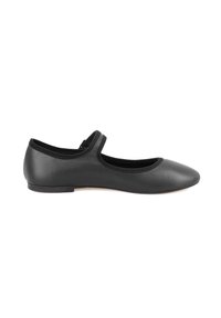 Schwarze Leder-Ballettschuhe mit abgerundeter Zehenpartie, schlankem Riemen über dem Mittelfuß und einer weichen Textur. Flache Sohle für Komfort und Stabilität.