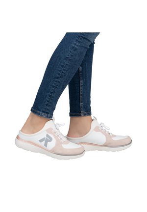 White and light pink sneakers with a smooth texture, lace-up design, rubber soles, and a grey logo on the side.